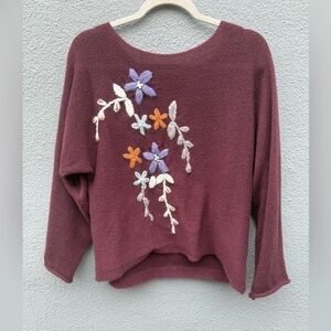 Floral Embroidered Burgundy Sweater, Size Large